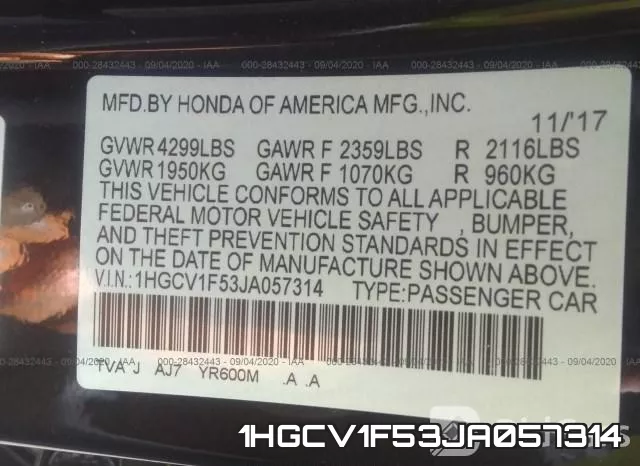 1HGCV1F53JA057314 фото 10