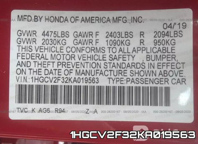 1HGCV2F32KA019563 фото 10
