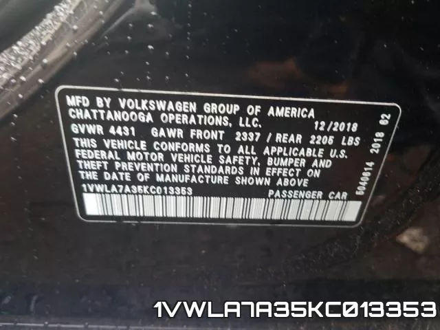 1VWLA7A35KC013353 фото 2