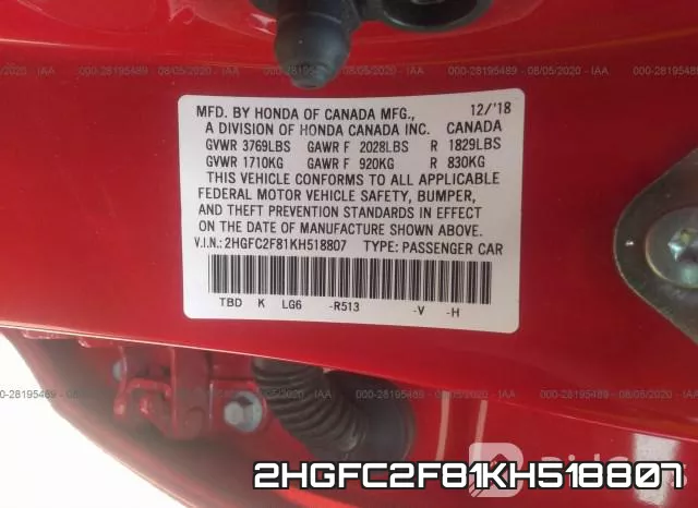 2HGFC2F81KH518807 фото 10