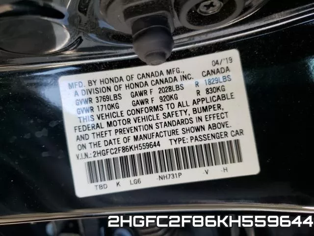 2HGFC2F86KH559644 фото 2