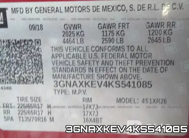 3GNAXKEV4KS541085 фото 10