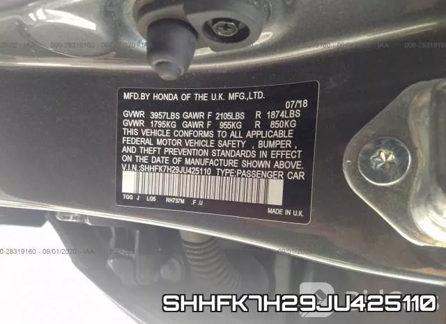 SHHFK7H29JU425110 фото 10