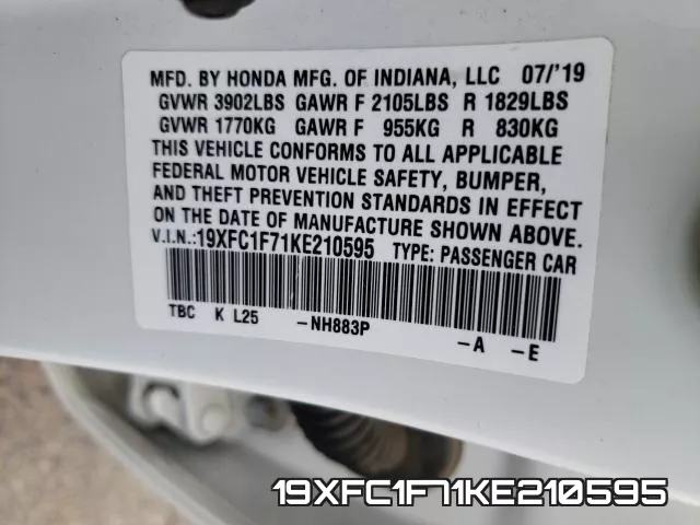 19XFC1F71KE210595 фото 2