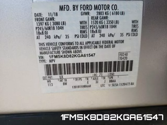 1FM5K8D82KGA61547 фото 2
