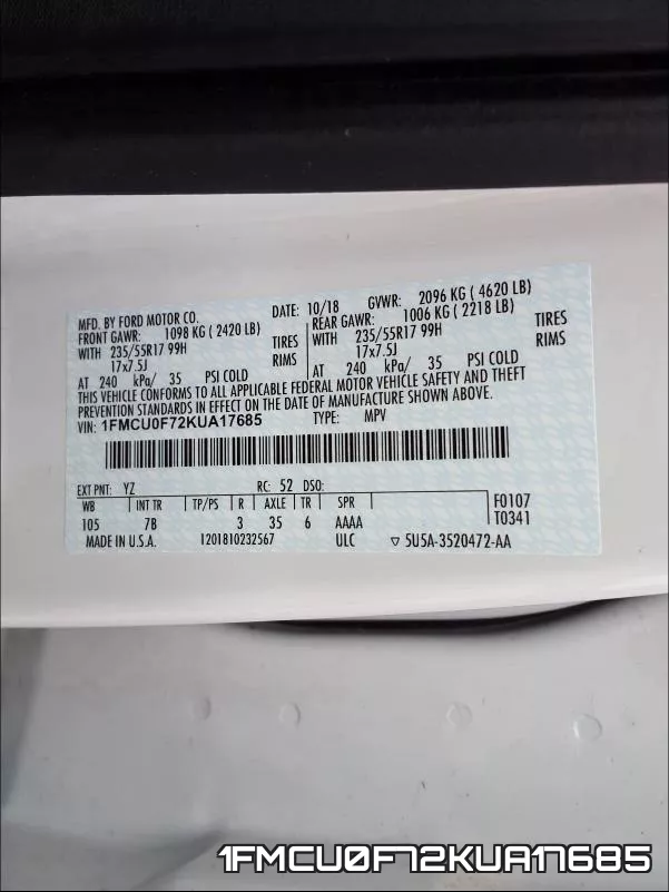 1FMCU0F72KUA17685 фото 2