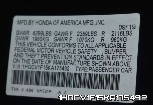 1HGCV1F15KA175492 фото 2