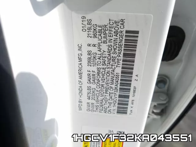 1HGCV1F32KA043551 фото 2