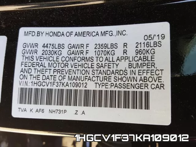 1HGCV1F37KA109012 фото 2