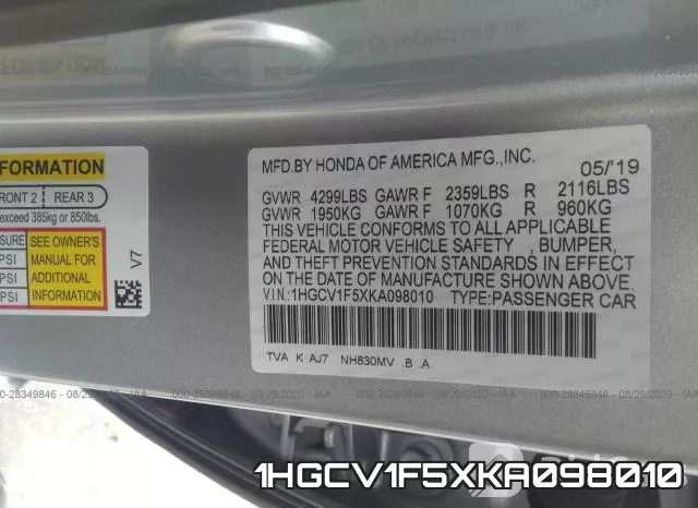 1HGCV1F5XKA098010 фото 10