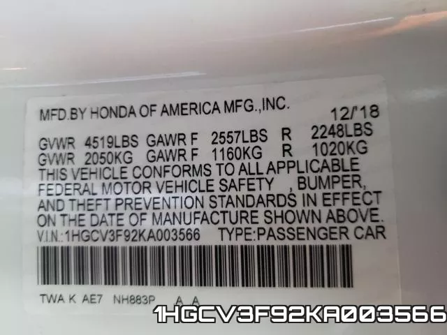 1HGCV3F92KA003566 фото 2