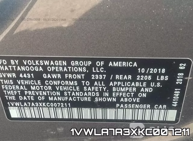 1VWLA7A3XKC007211 фото 10