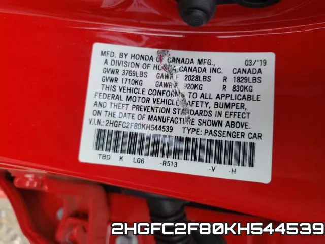 2HGFC2F80KH544539 фото 2