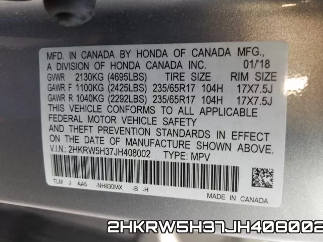 2HKRW5H37JH408002 фото 2