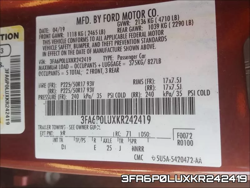 3FA6P0LUXKR242419 фото 2