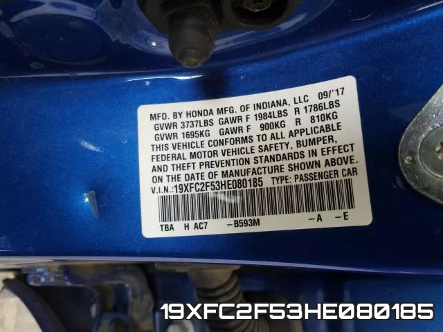 19XFC2F53HE080185 фото 2