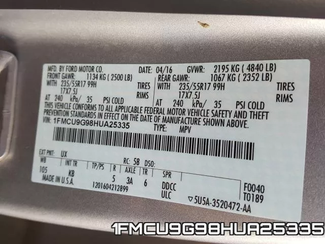 1FMCU9G98HUA25335 фото 2