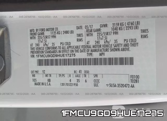 1FMCU9GD9HUE17275 фото 10
