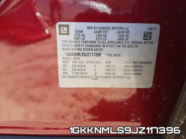 1GKKNMLS9JZ117396 фото 2