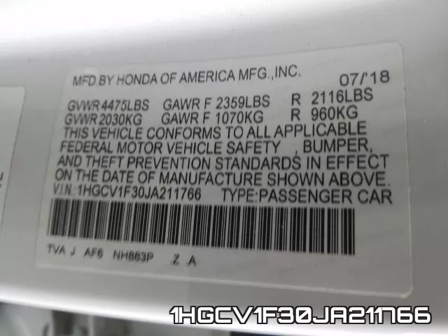 1HGCV1F30JA211766 фото 2