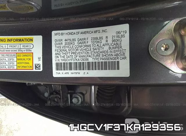 1HGCV1F37KA129356 фото 10