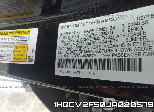 1HGCV2F50JA020579 фото 10