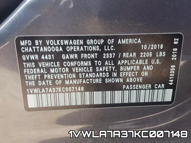 1VWLA7A37KC007148 фото 2