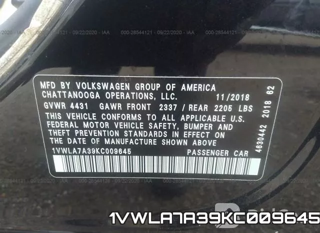 1VWLA7A39KC009645 фото 10