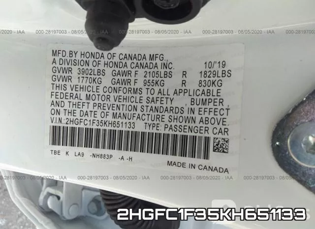 2HGFC1F35KH651133 фото 10