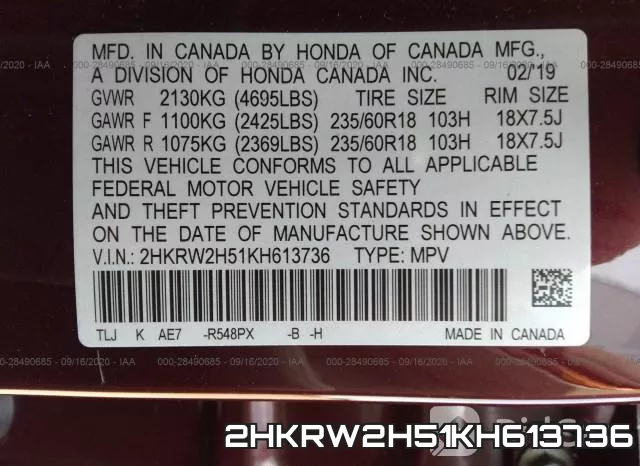 2HKRW2H51KH613736 фото 10