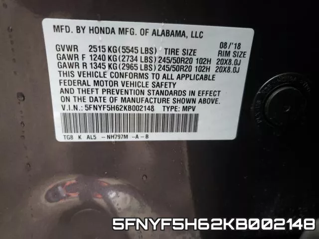 5FNYF5H62KB002148 фото 2