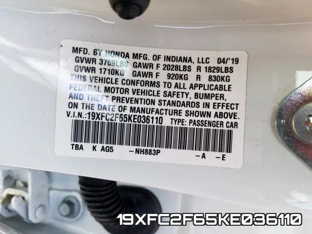 19XFC2F65KE036110 фото 2