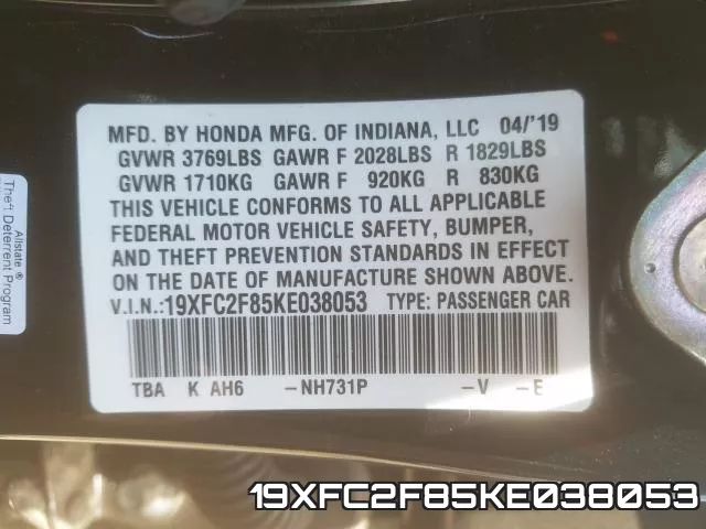 19XFC2F85KE038053 фото 2