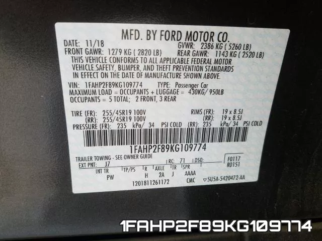 1FAHP2F89KG109774 фото 2