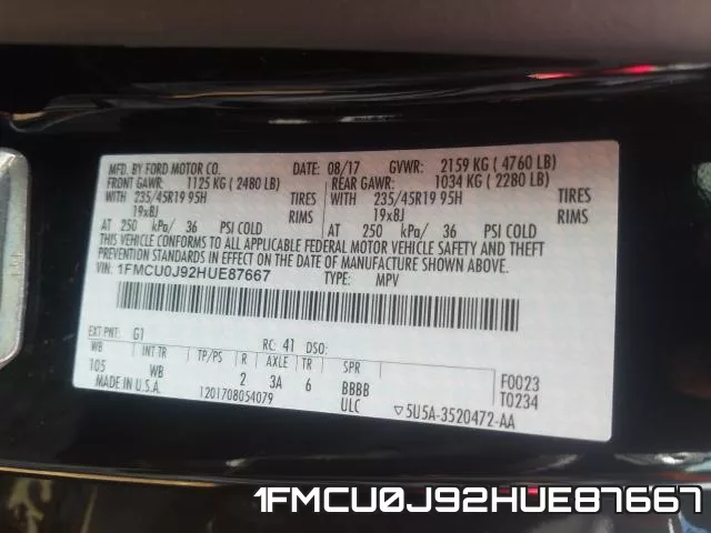 1FMCU0J92HUE87667 фото 2