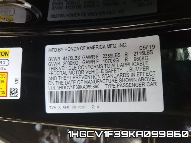 1HGCV1F39KA099860 фото 2