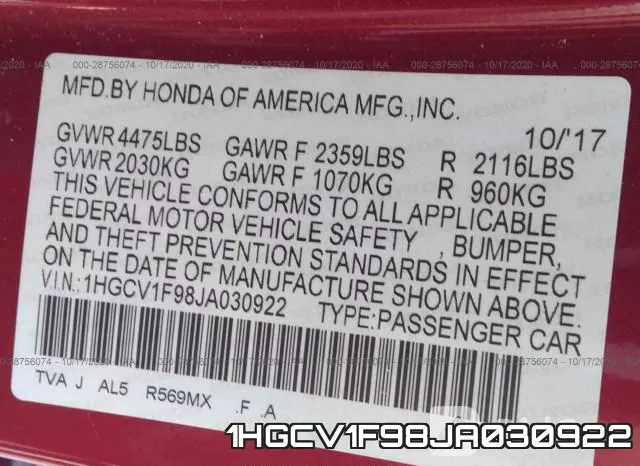 1HGCV1F98JA030922 фото 10