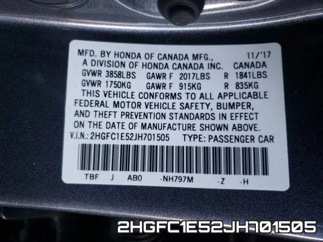 2HGFC1E52JH701505 фото 2