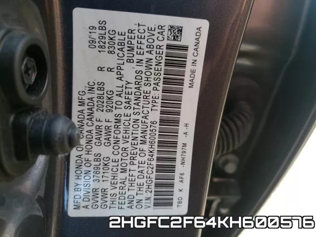 2HGFC2F64KH600576 фото 2