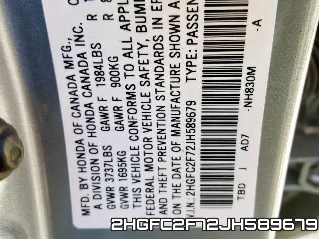 2HGFC2F72JH589679 фото 2