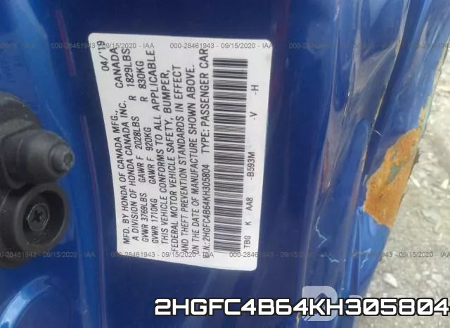 2HGFC4B64KH305804 фото 9