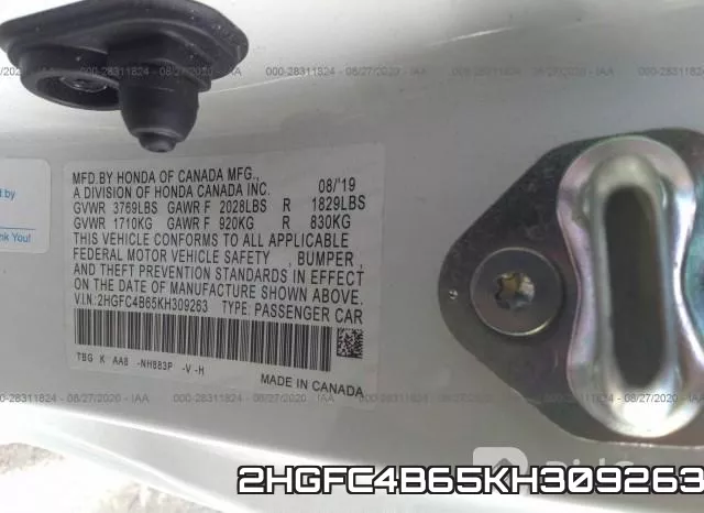 2HGFC4B65KH309263 фото 9