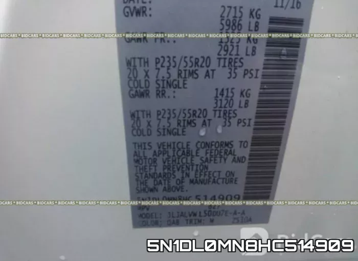 5N1DL0MN8HC514909 фото 10