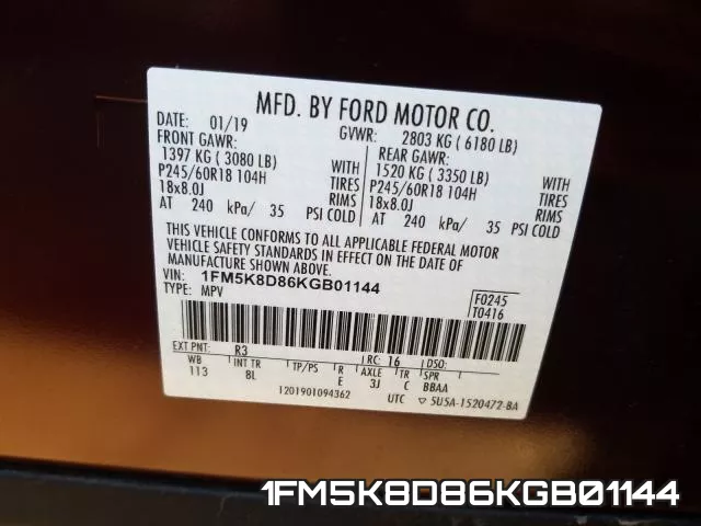 1FM5K8D86KGB01144 фото 2