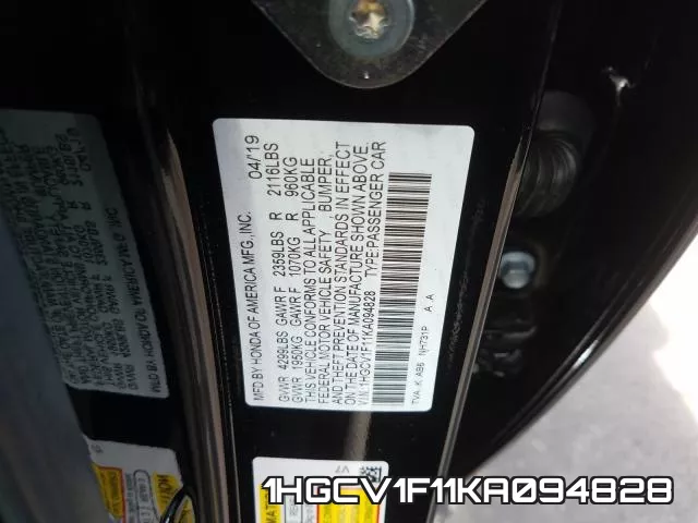 1HGCV1F11KA094828 фото 2
