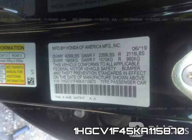 1HGCV1F45KA115870 фото 10