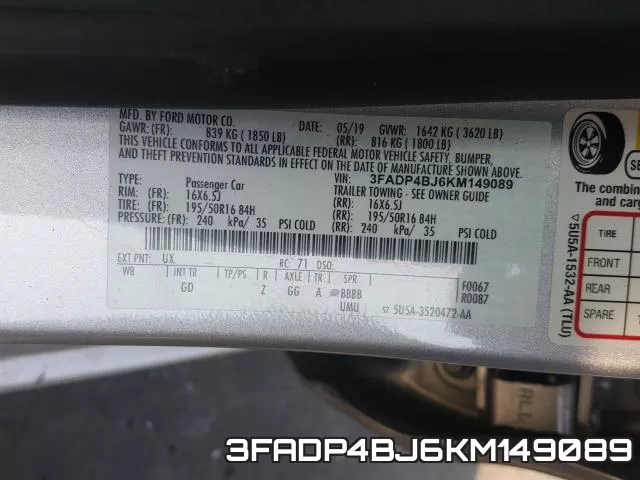3FADP4BJ6KM149089 фото 2
