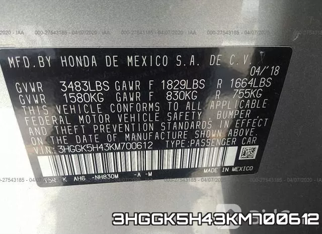 3HGGK5H43KM700612 фото 10