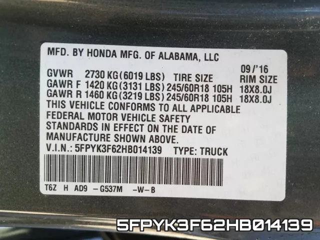 5FPYK3F62HB014139 фото 2