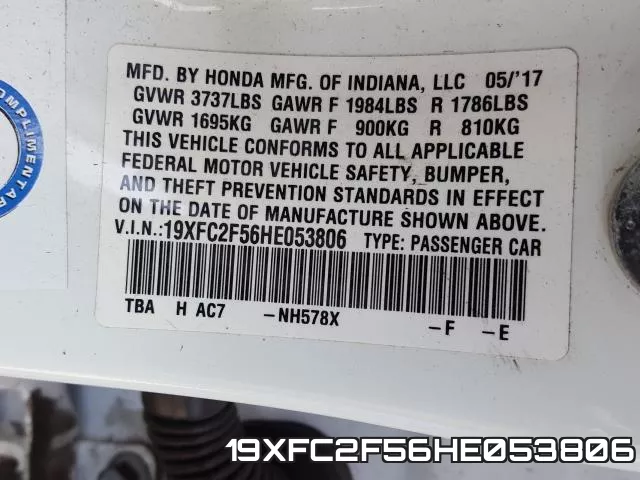 19XFC2F56HE053806 фото 2